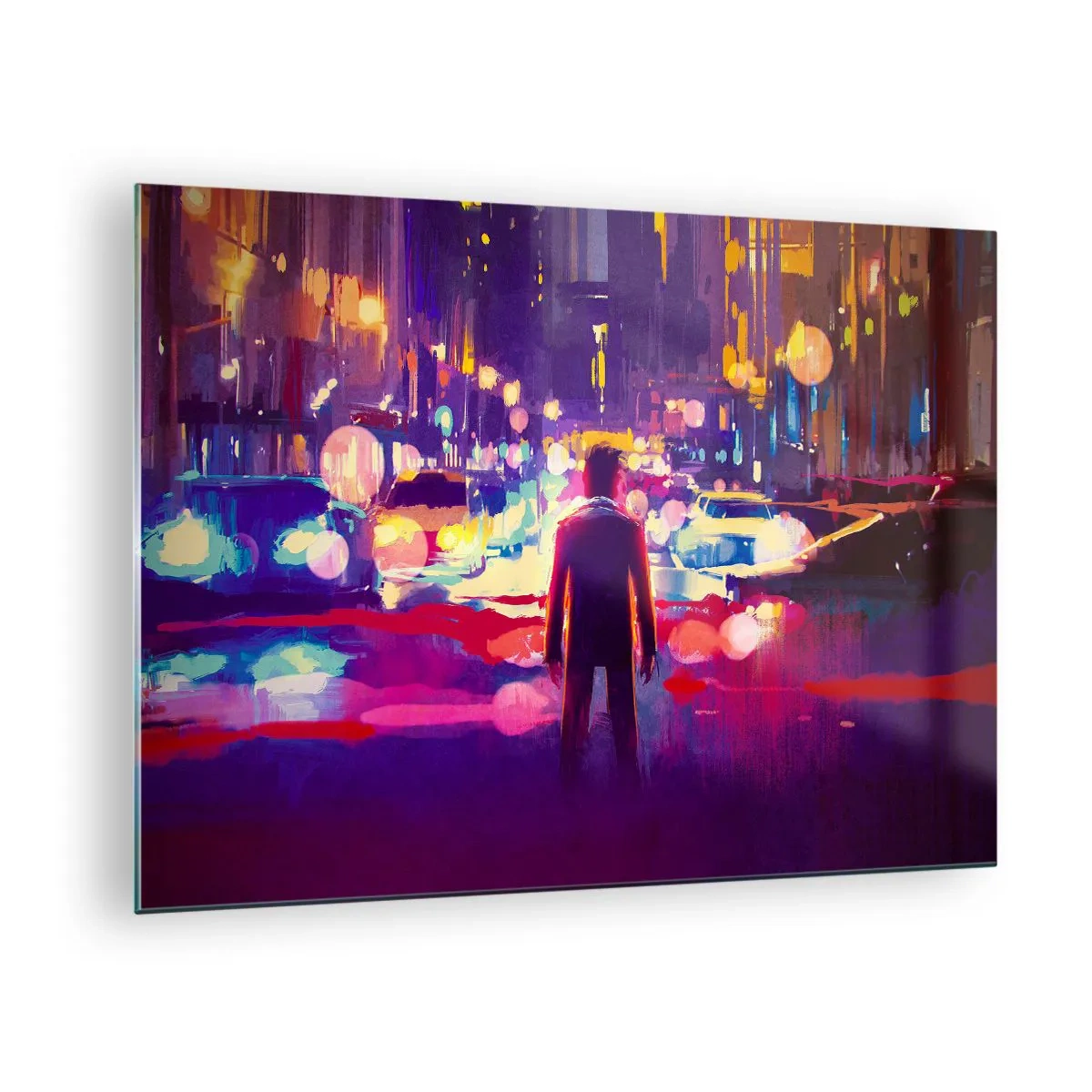 Billede på glas - En figur i et farverigt, futuristisk bynattelys - 70x50cm - Nedsænket i lys - Moderne vægdekoration til stue og soveværelse ARTTOR