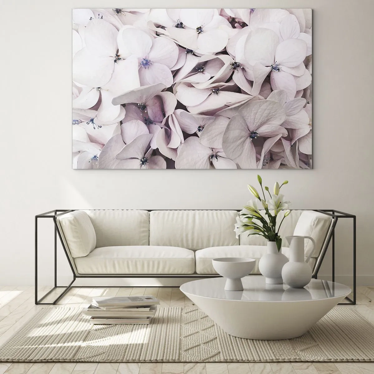 Billede på glas - Delikate lyserøde hortensiaer i nærbillede - 70x50cm - I en flod af blomster - Moderne vægdekoration til stue og soveværelse ARTTOR