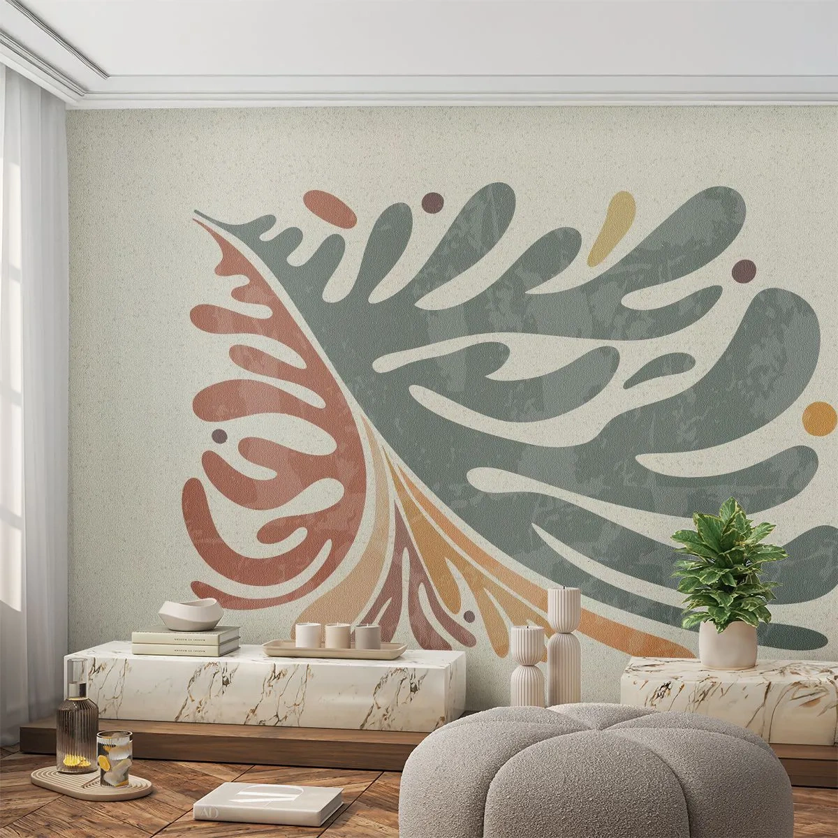 Fototapet Premium Sand - Flerfarvet blad - Boho, Minimalisme, Stykke - 300x210 cm