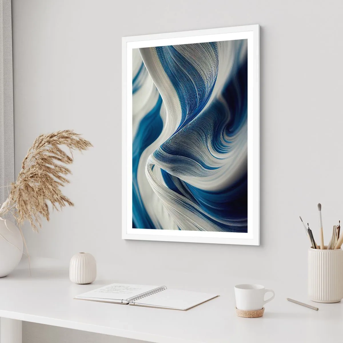 Plakat i hvid ramme - Flydende blå og hvide farver - 61x91 cm