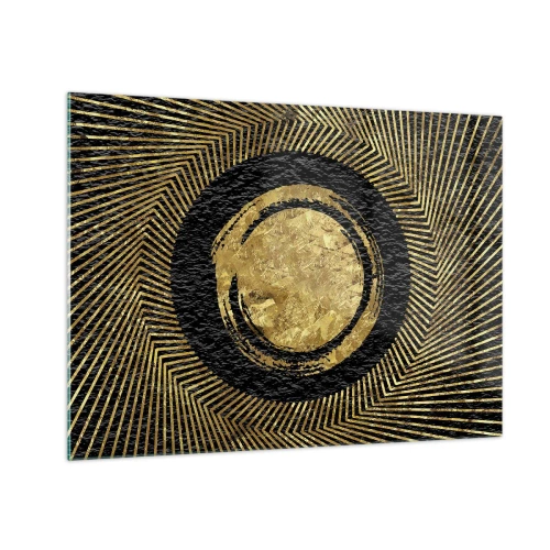 Billede på glas - Gylden cirkel med stråler på en sort baggrund i glamourøs stil - 70x50cm - Glamour-komposition - Moderne vægdekoration til stue og soveværelse ARTTOR