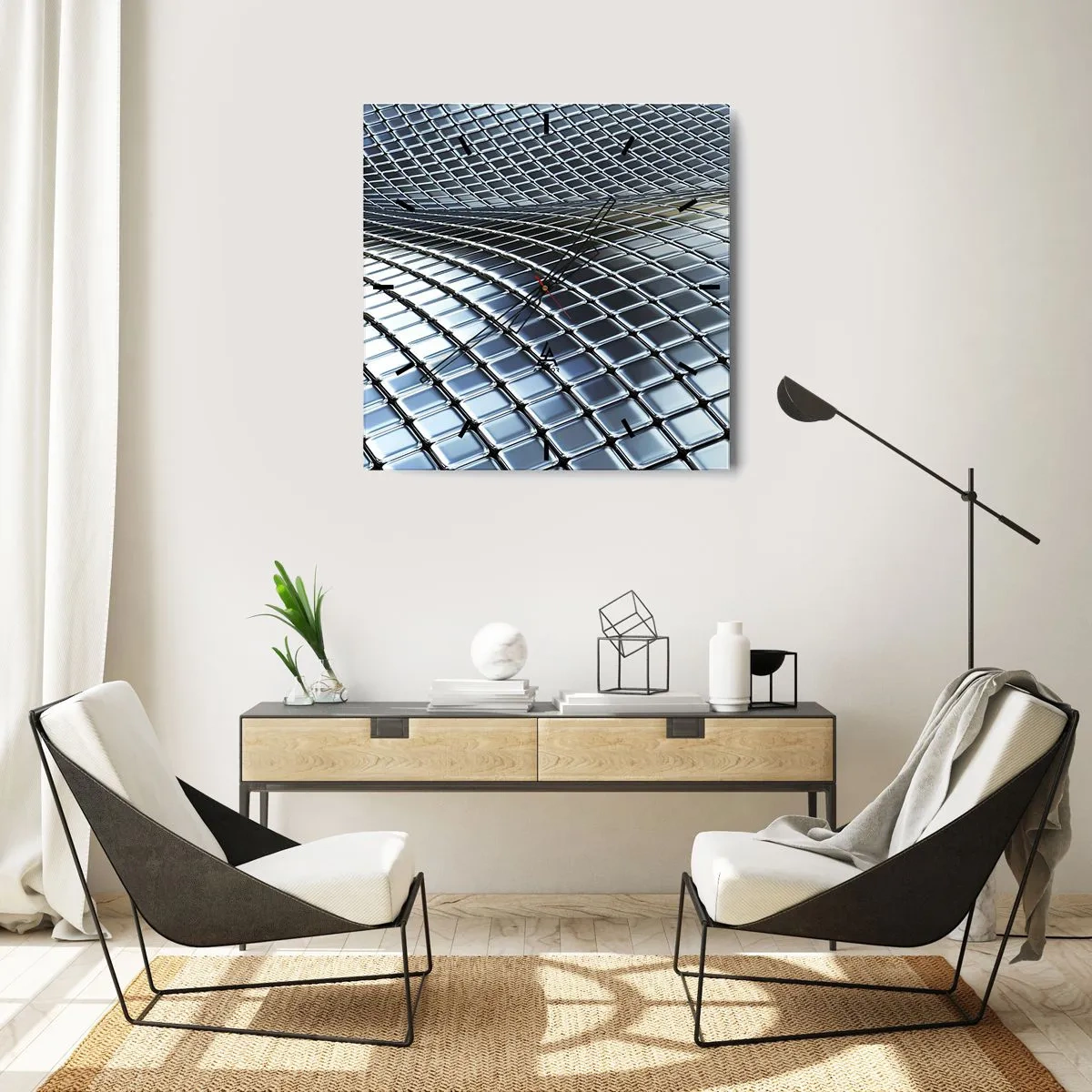 Vægur, Uret - Bølge i metallisk sølv - 30x30 cm