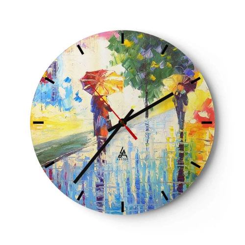 Vægur, Uret - Figurer med paraplyer går på en regnvejrsdag - 30x30cm - Og alt er klart - Moderne vægdekoration til stue, køkken og soveværelse ARTTOR