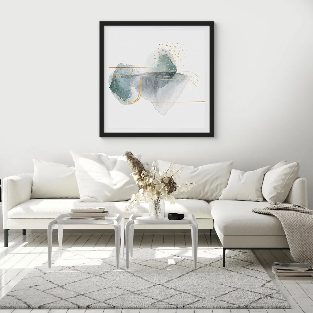 Plakat i sort ramme - Om forholdet mellem grå og guld - 30x30 cm