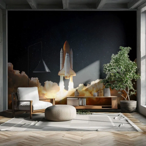 Fototapet Standard Eco - Rumfærgeopsendelse mod en stjerneklar baggrund - 100x70cm - Ad astra! - Moderne vægdekoration til stue og soveværelse ARTTOR