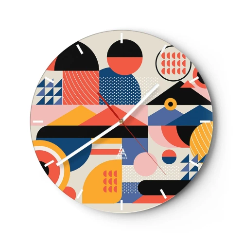 Vægur, Uret - Farverig geometrisk abstraktion i retrostil - 30x30cm - Komposition: Leg - Moderne vægdekoration til stue, køkken og soveværelse ARTTOR