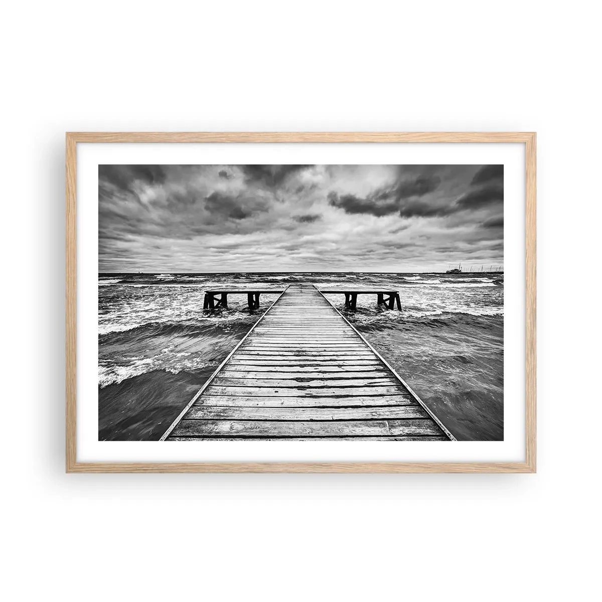 Plakat i ramme af lyst egetræ - Jeg venter på, at vinden blæser væk... - 70x50 cm