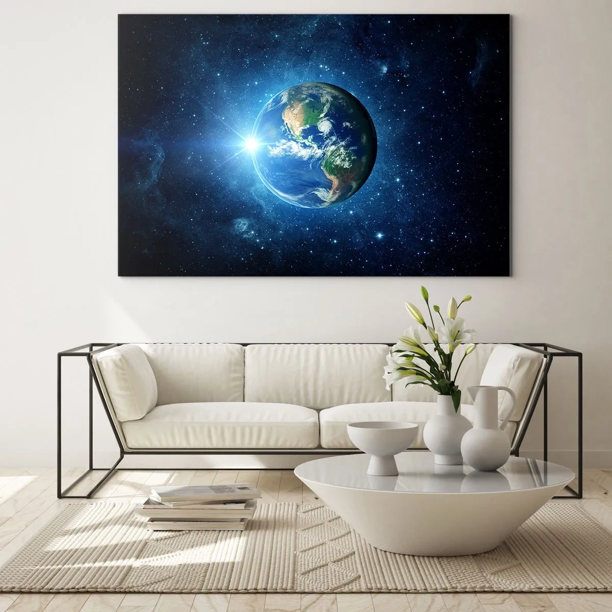 Billede på glas - Jorden set fra rummet med lysstråler - 70x50cm - Vi er i himlen - Moderne vægdekoration til stue og soveværelse ARTTOR