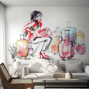 Fototapet Selvklæbende Deluxe Sticker - Lad os sætte os ned, inden vi rejser - Kvinde, Rejse, Kuffert - 400x280 cm