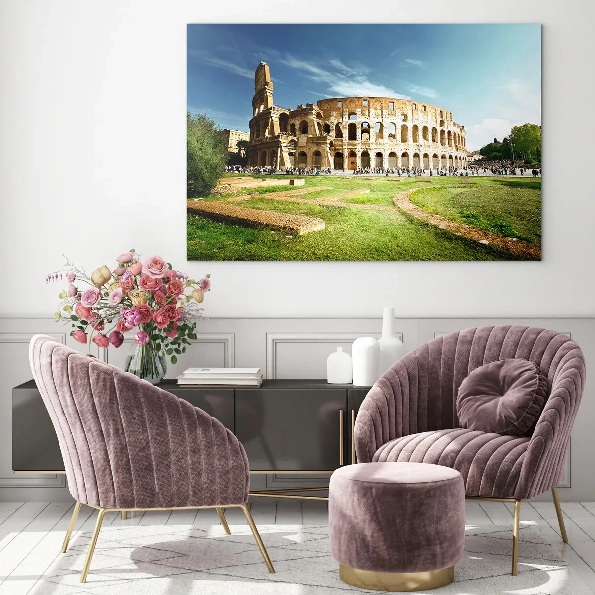 Billede på glas - Colosseum i Rom oplyst af solen - 70x50cm - Du kan stadig høre våbenklirren - Moderne vægdekoration til stue og soveværelse ARTTOR