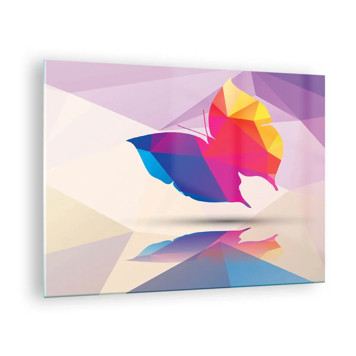 Billede på glas - Geometrisk sommerfugl i lys farverig abstraktion - 70x50cm - Sommerfugl regnbue - Moderne vægdekoration til stue og soveværelse ARTTOR
