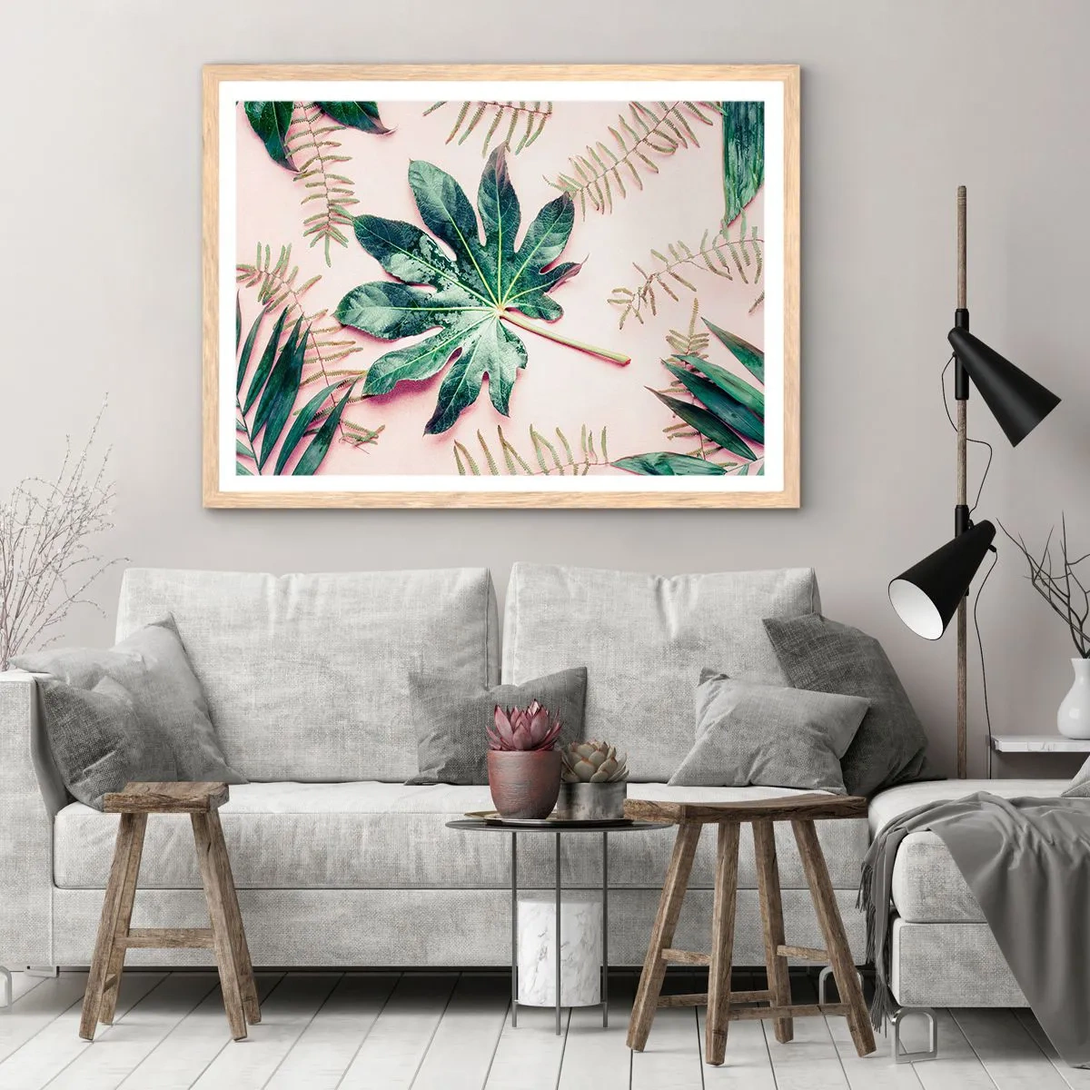 Plakat i ramme af lyst egetræ - En undersøgelse af grønt på en lyserød baggrund - 70x50 cm