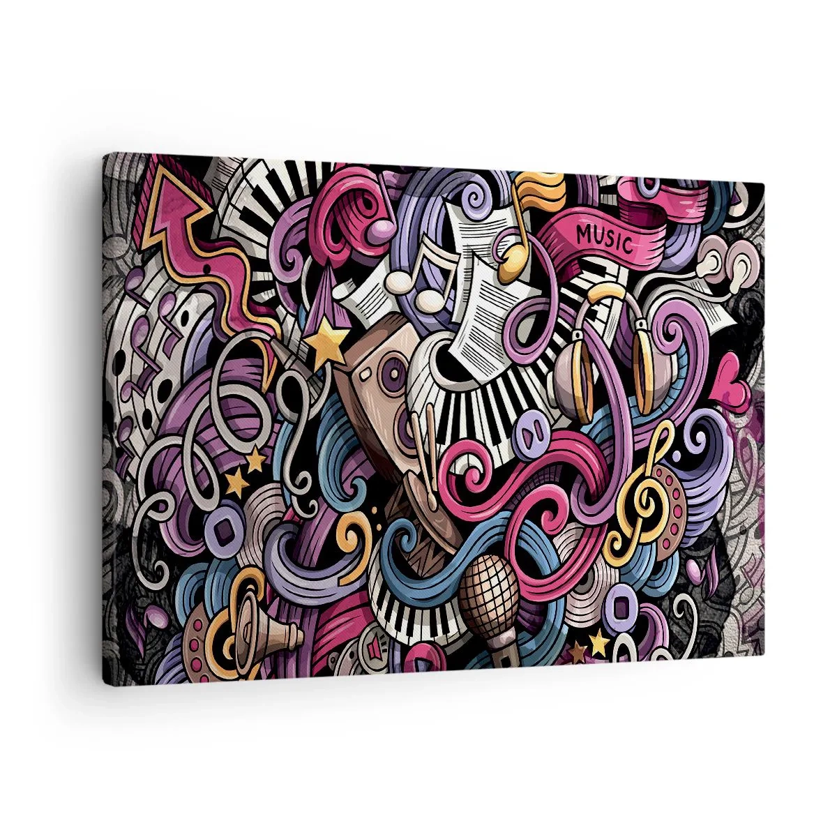 Lærredstryk - Billede på lærred - En musikalsk abstraktion fuld af farverige instrumenter og noder. - 70x50cm - Kompliceret melodi - Moderne vægdekoration til stue og soveværelse ARTTOR