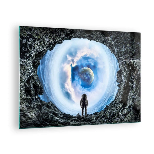 Billede på glas - En astronaut kigger på Jorden inde fra en klippehule. - 70x50cm - Ikke langt hjemmefra - Moderne vægdekoration til stue og soveværelse ARTTOR