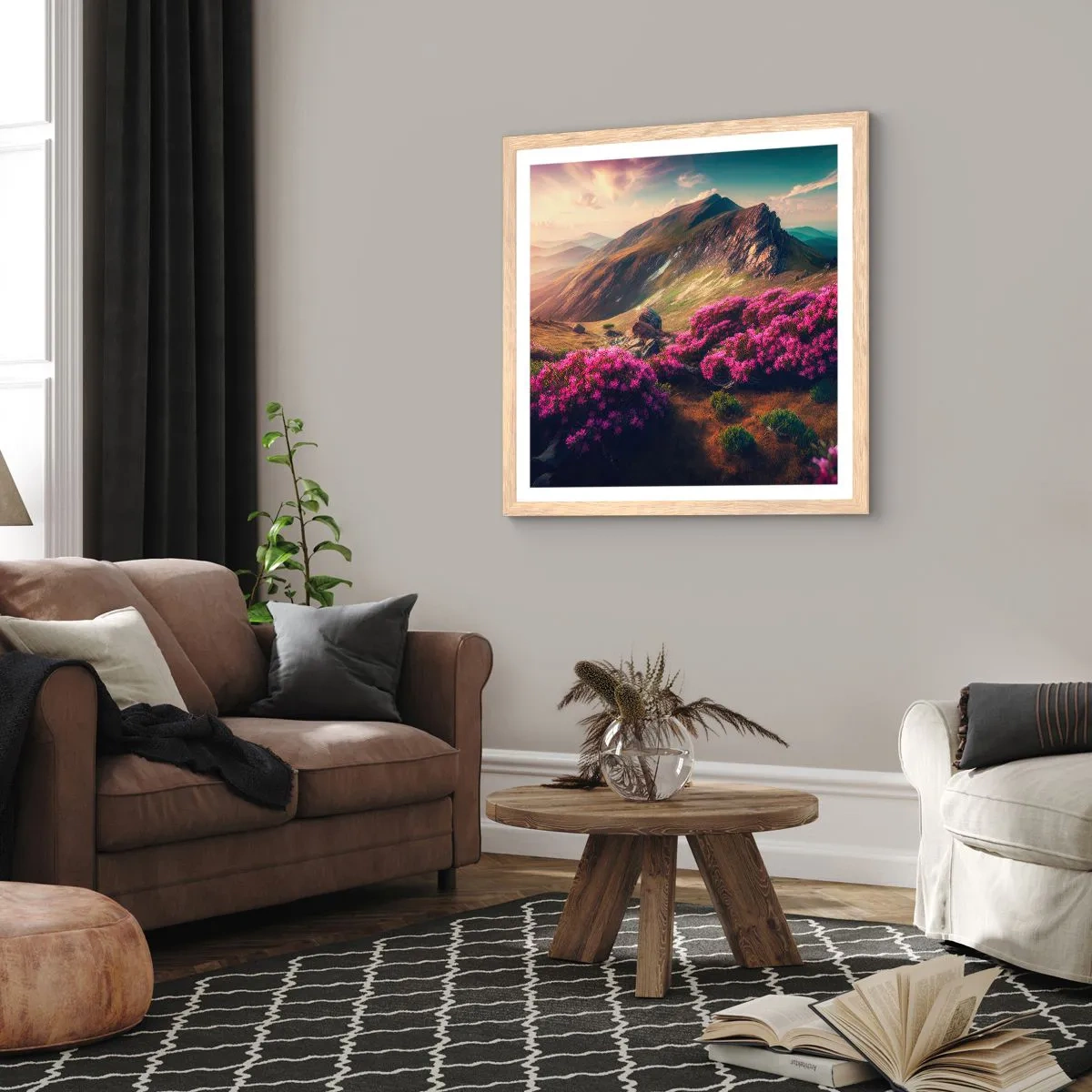 Plakat i ramme af lyst egetræ - Sommer i bjergene - 40x40 cm