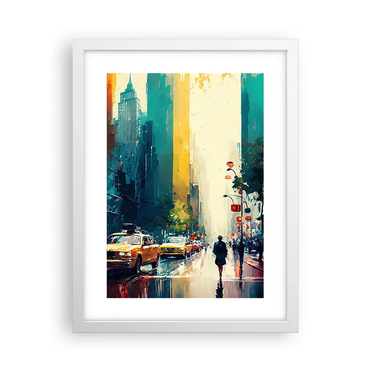 Plakat i hvid ramme - New York - her er selv regnen farverig - 30x40 cm