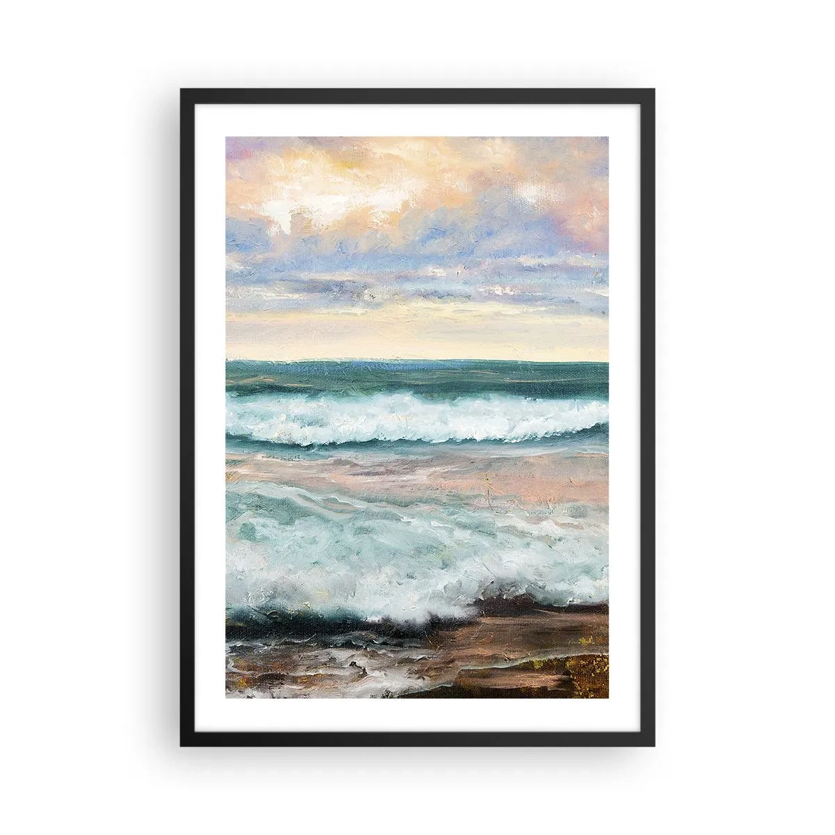 Plakat i sort ramme - Havbølger ved solnedgang - 50x70cm - Her vil du glatte din sjæl - Moderne vægdekoration til stue og soveværelse ARTTOR