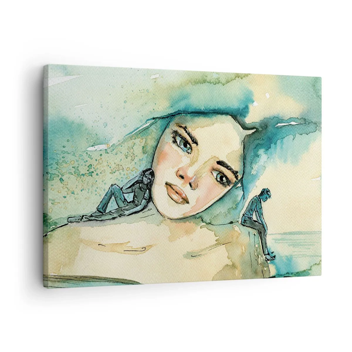 Lærredstryk - Billede på lærred - Akvarel af et kvindeansigt med et reflekterende motiv - 70x50cm - Am I blue? - Moderne vægdekoration til stue og soveværelse ARTTOR