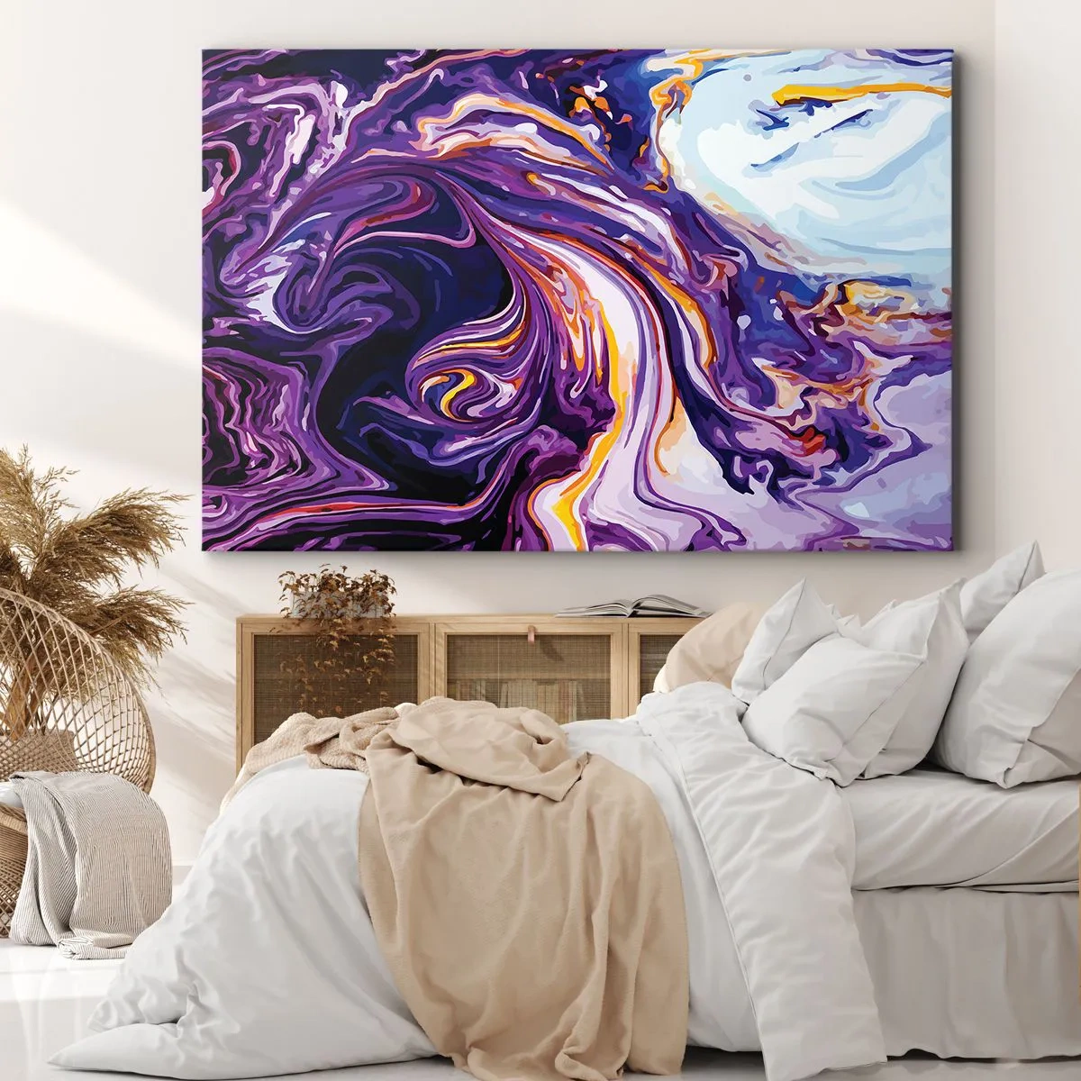 Lærredstryk - Billede på lærred - Et dynamisk abstrakt mønster i lilla og gule nuancer. - 70x50cm - Rummets bøjning i lilla - Moderne vægdekoration til stue og soveværelse ARTTOR