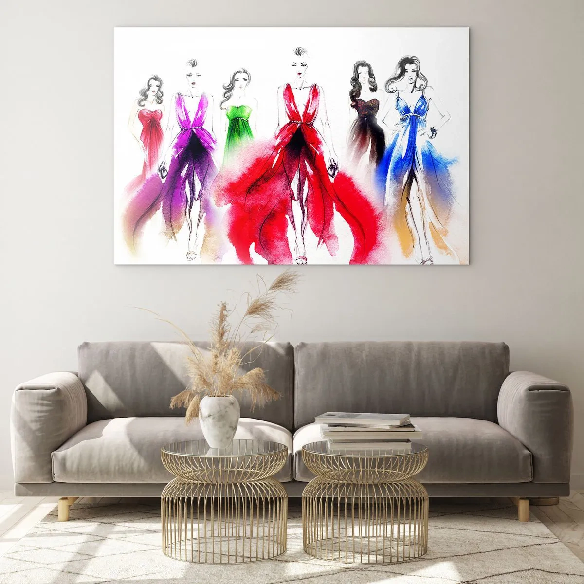 Billede på glas - Skitse af kvinder i farverige aftenkjoler - 70x50cm - Stemninger til outfits - Moderne vægdekoration til stue og soveværelse ARTTOR