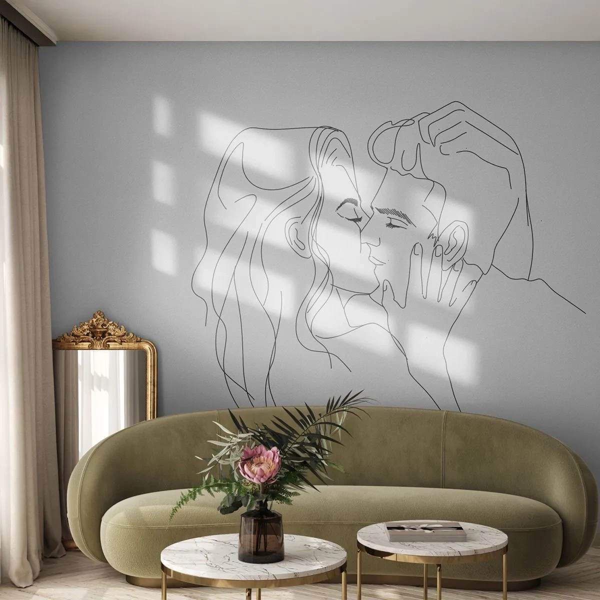 Fototapet Premium Sand - I samme linje - Grafik, Forelsket par, Kys - 300x210 cm