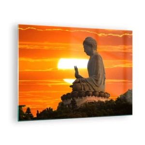 Billede på glas - Buddha-statue mod baggrunden af den nedgående sol - 70x50cm - Uden frygt for verden - Moderne vægdekoration til stue og soveværelse ARTTOR