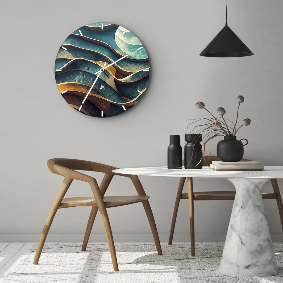 Vægur, Uret - Abstrakte bølger af blå og brun med en 3D-effekt - 30x30cm - Slyngninger af blåt - Moderne vægdekoration til stue, køkken og soveværelse ARTTOR