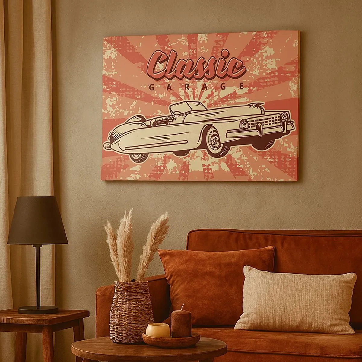 Lærredstryk - Billede på lærred - Retro plakat med en klassisk bil og ordene Classic Garage - 70x50cm - Og i radioen Elvis - Moderne vægdekoration til stue og soveværelse ARTTOR
