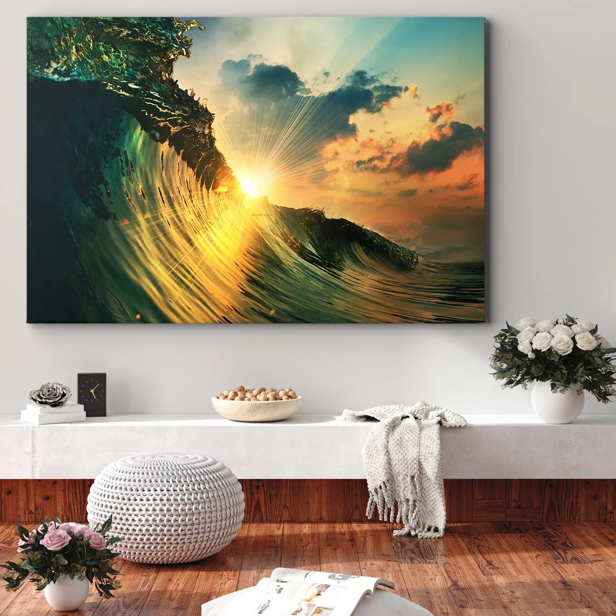 Lærredstryk - Billede på lærred - En bølge med den nedgående sol og oplyste skyer - 70x50cm - Surfer, hvor er du? - Moderne vægdekoration til stue og soveværelse ARTTOR