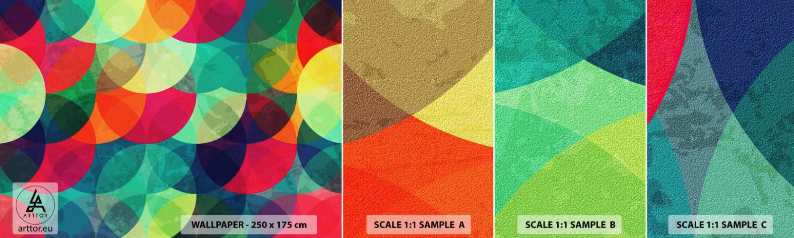 Prøve Fototapet Selvklæbende Deluxe Sticker - Ind i regnbuens opstigning - Abstraktion, Stykke, Farverige cirkler - 100x30 cm