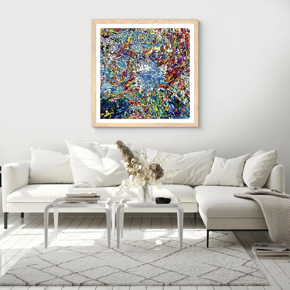Plakat i ramme af lyst egetræ - Dråbe af farvet glas - 40x40 cm