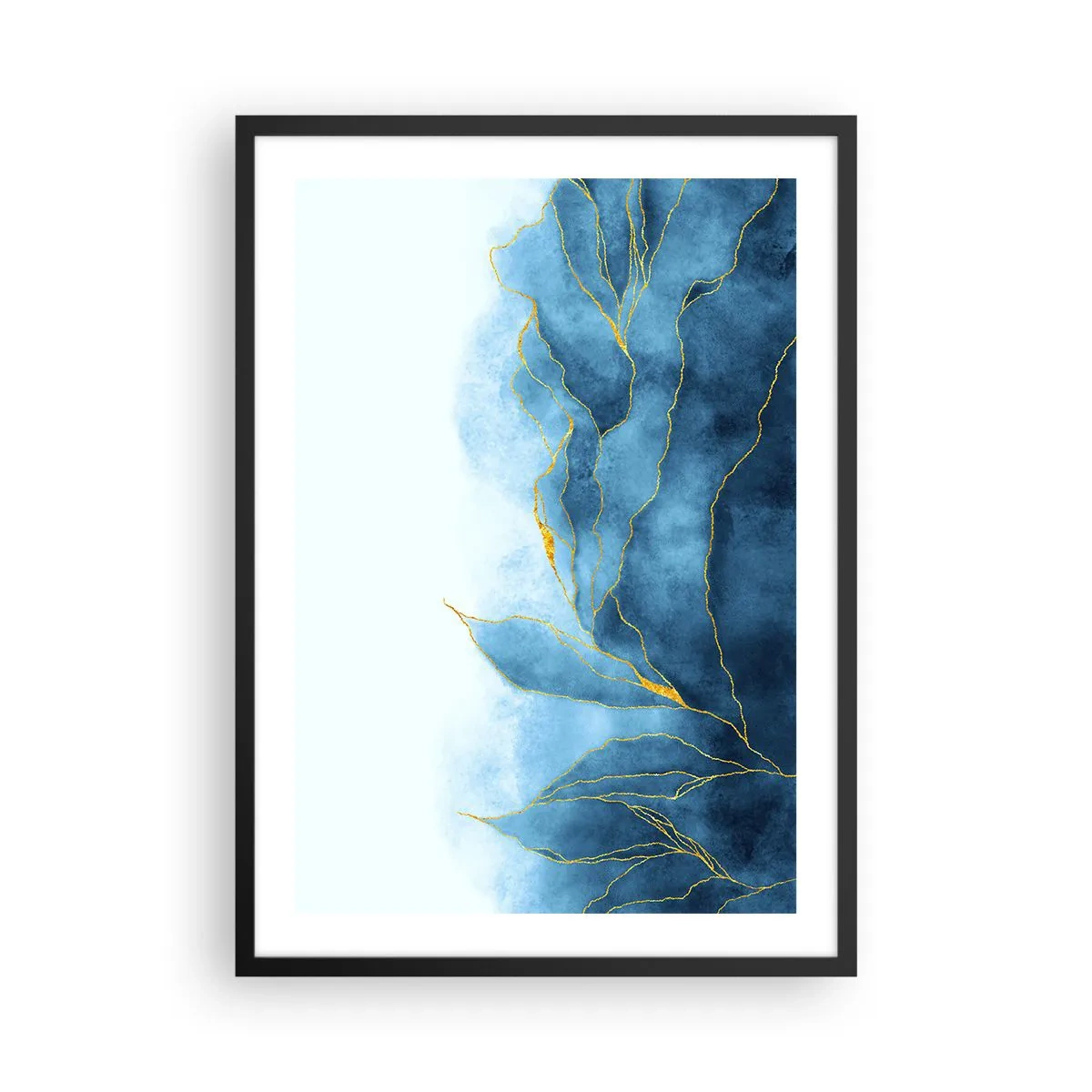 Plakat i sort ramme - En abstrakt komposition i blå nuancer med gyldne linjer. - 50x70cm - Blå i guld - Moderne vægdekoration til stue og soveværelse ARTTOR