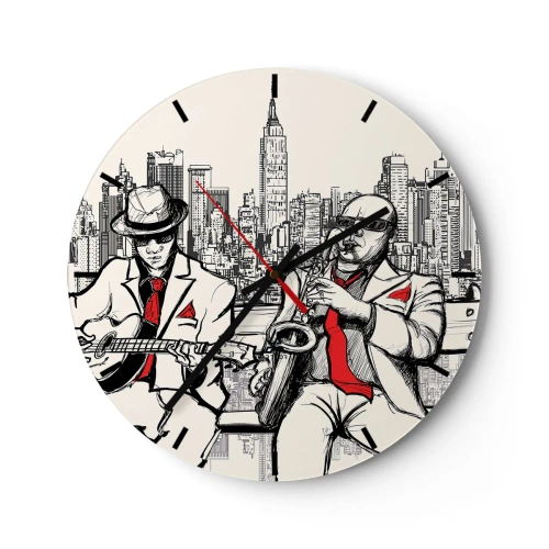 Vægur, Uret - En urskive med et motiv af jazzmusikere mod en baggrund af New York City - 30x30cm - New York improvisation - Moderne vægdekoration til stue, køkken og soveværelse ARTTOR