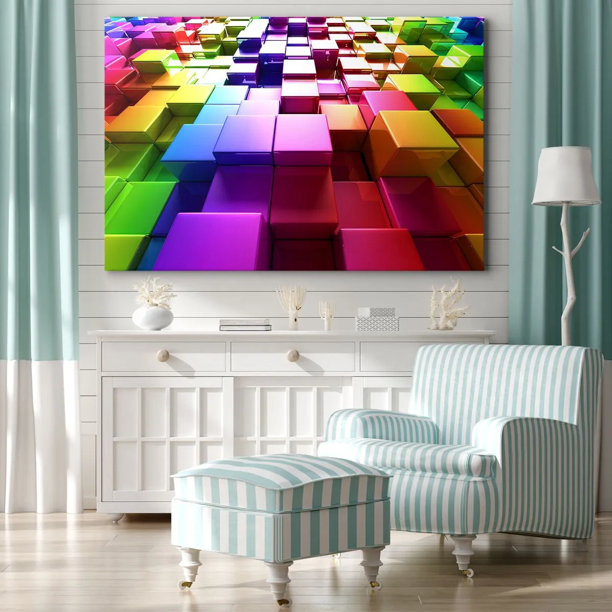 Lærredstryk - Billede på lærred - Farverige 3D geometriske terninger - 70x50cm - Op-art sammen som et team - Moderne vægdekoration til stue og soveværelse ARTTOR