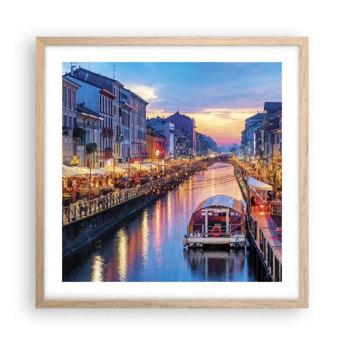 Plakat i ramme af lyst egetræ - En aften med lys og sjov - 50x50 cm