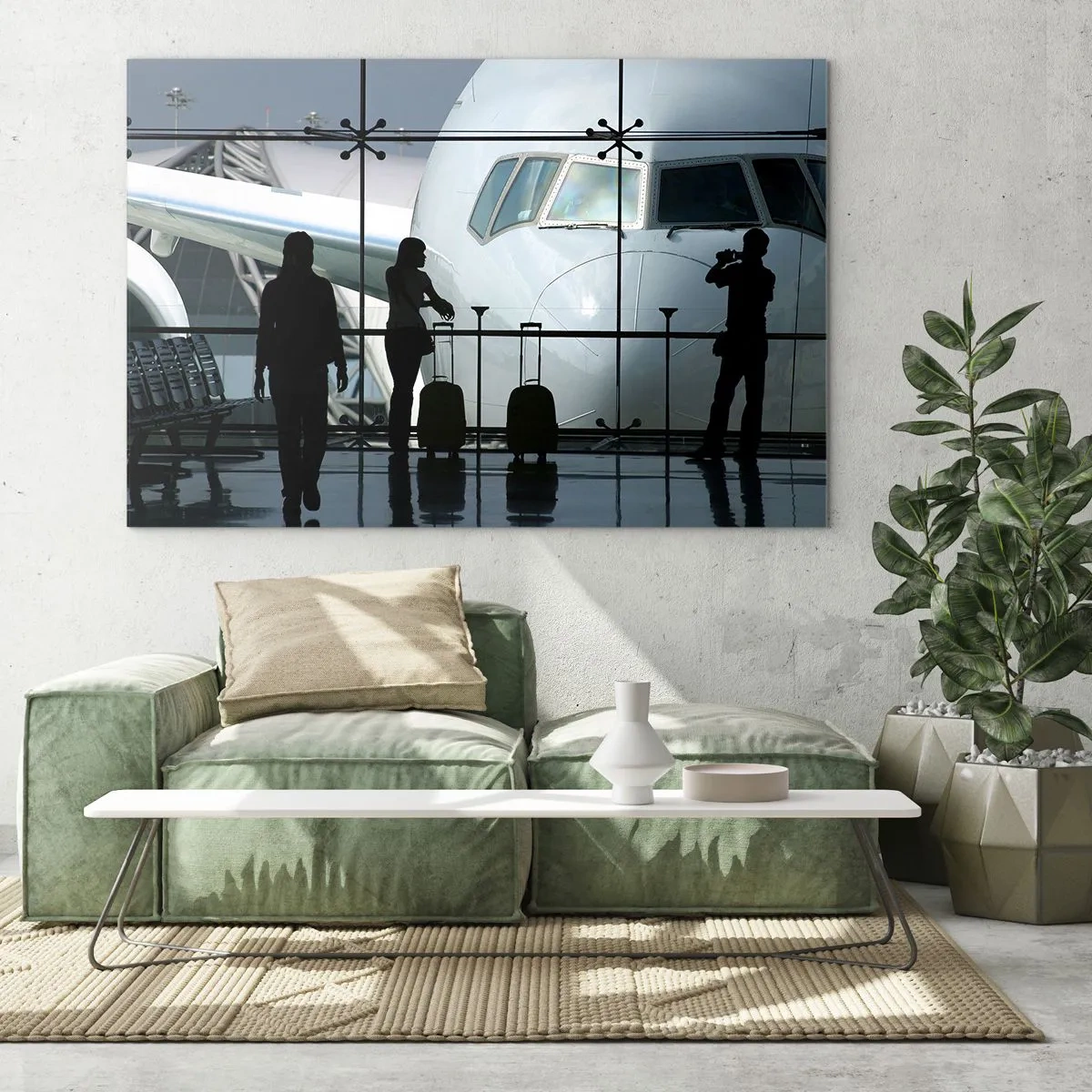 Billede på glas - Lufthavn med udsigt over flyet og silhuetter af rejsende - 70x50cm - Vis a vis i lufthavnen - Moderne vægdekoration til stue og soveværelse ARTTOR