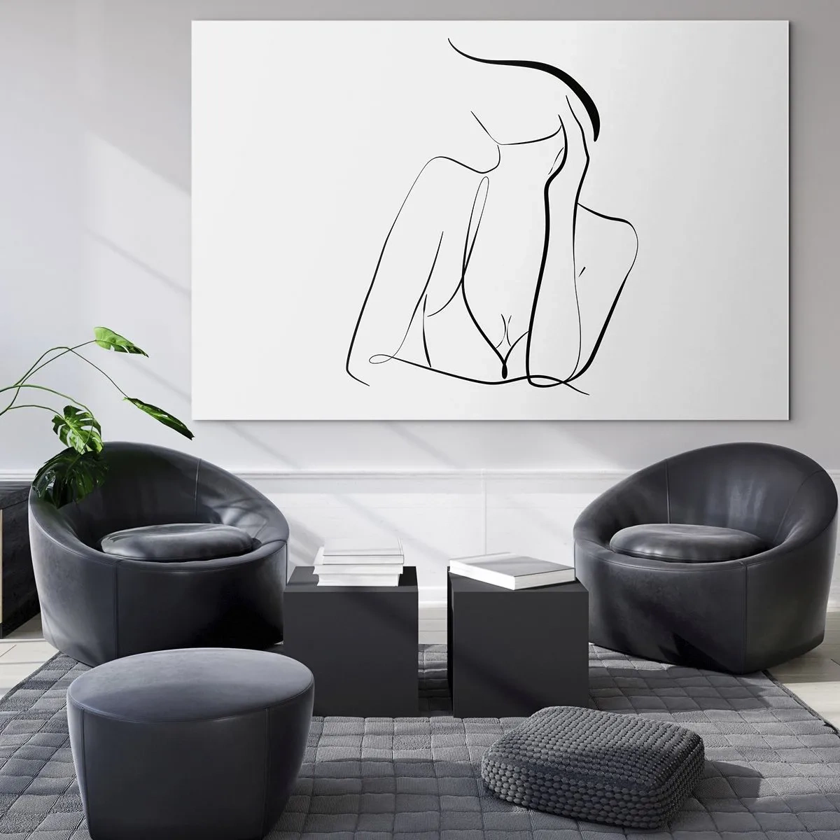 Billede på glas - En simpel linje, der viser kroppens omrids i sorte og hvide nuancer - 70x50cm - På bølgen af en drøm - Moderne vægdekoration til stue og soveværelse ARTTOR