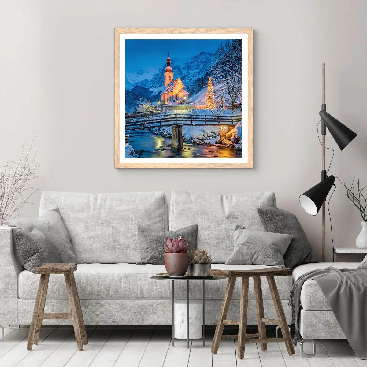 Plakat i ramme af lyst egetræ - Julens ånd - 50x50 cm