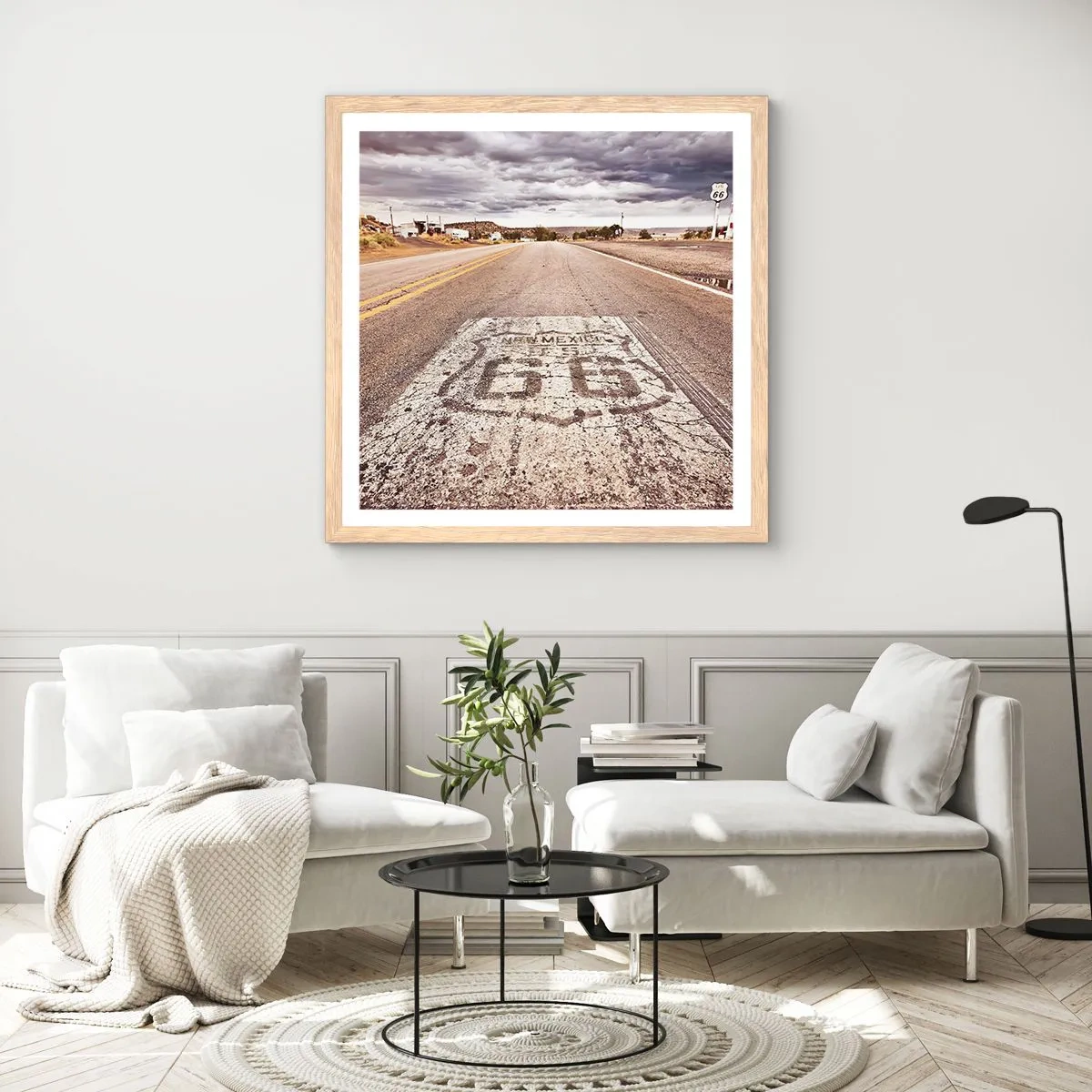 Plakat i ramme af lyst egetræ - Mother Road - amerikansk legende - 40x40 cm