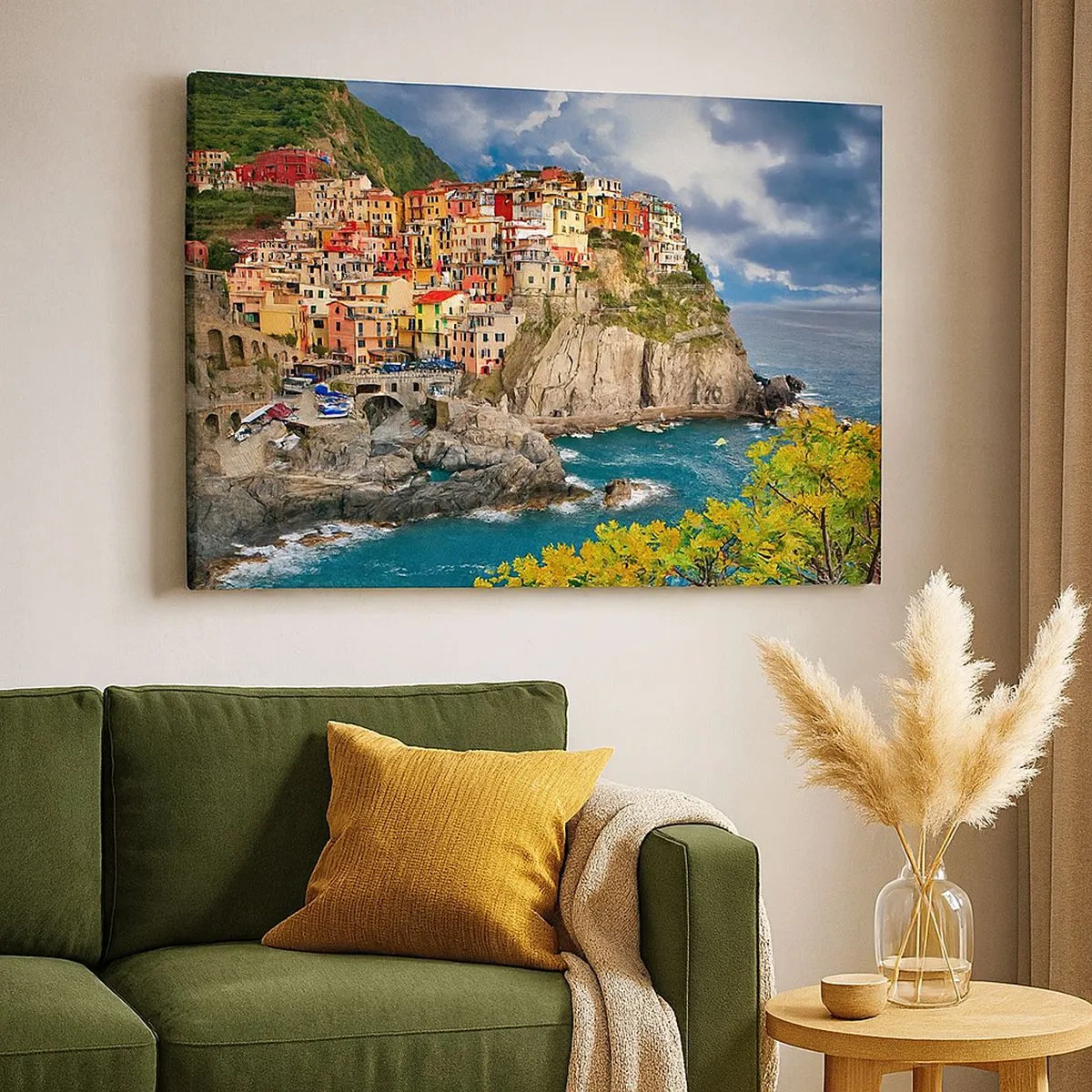 Lærredstryk - Billede på lærred - Farverige huse på en klippe med udsigt over havet i Cinque Terre - 70x50cm - En klynge klæber sig til klipperne - Moderne vægdekoration til stue og soveværelse ARTTOR