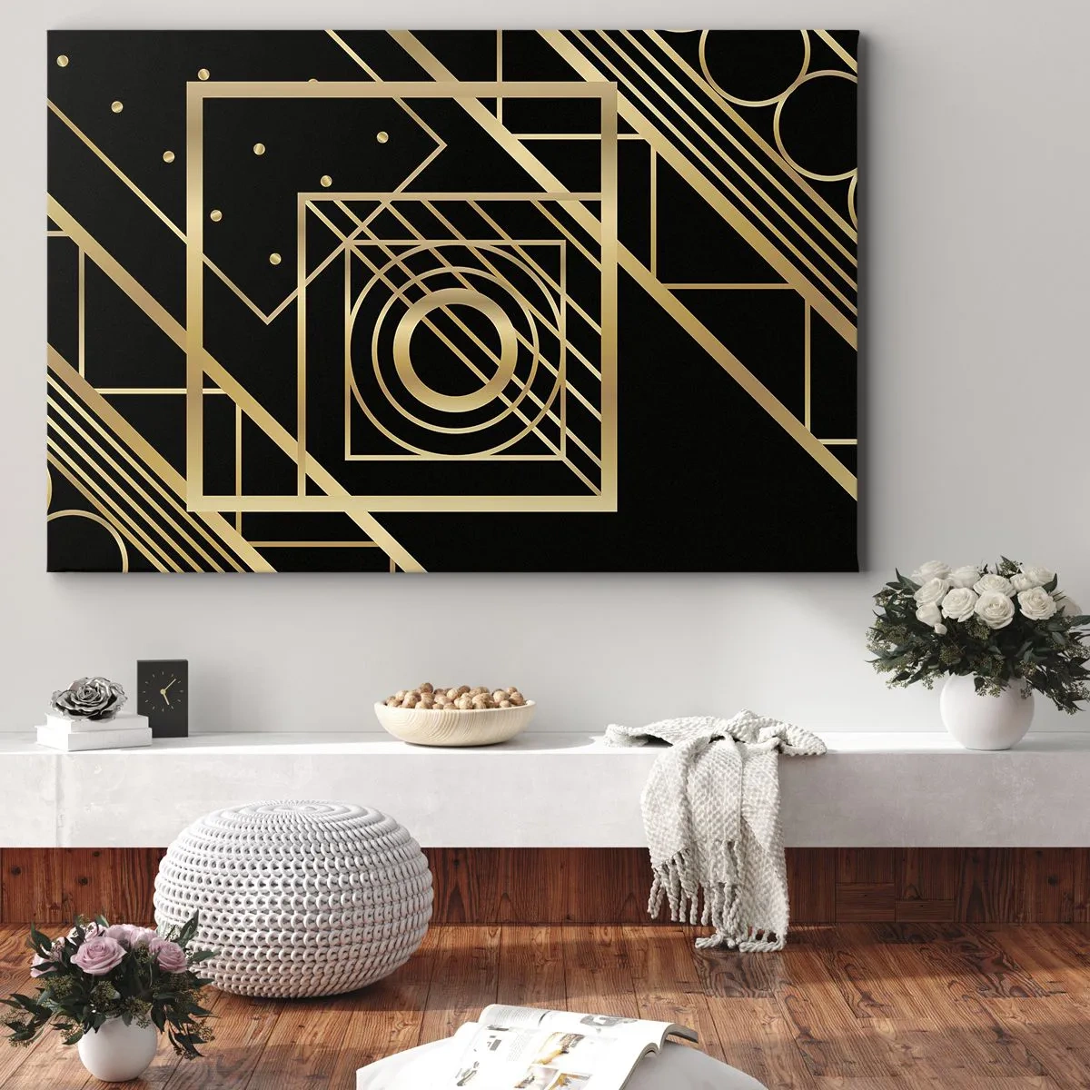 Lærredstryk - Billede på lærred - Gyldne geometriske mønstre på en sort baggrund - 70x50cm - Gylden geometri - Moderne vægdekoration til stue og soveværelse ARTTOR