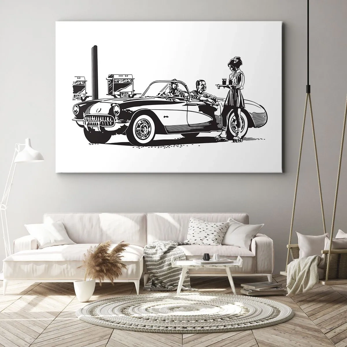 Lærredstryk - Billede på lærred - En sort-hvid retroscene med en bil og en servitrice på rulleskøjter. - 70x50cm - 60. - det ubekymrede Amerika - Moderne vægdekoration til stue og soveværelse ARTTOR