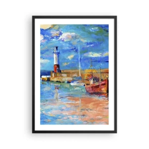 Plakat i sort ramme - En malerisk havn med et fyrtårn og fortøjede både - 50x70cm - Eftermiddag i regnbuebugten - Moderne vægdekoration til stue og soveværelse ARTTOR