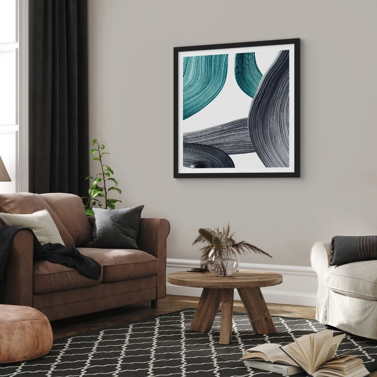 Plakat i sort ramme - Smaragdgrønne og sorte stier - 60x60 cm