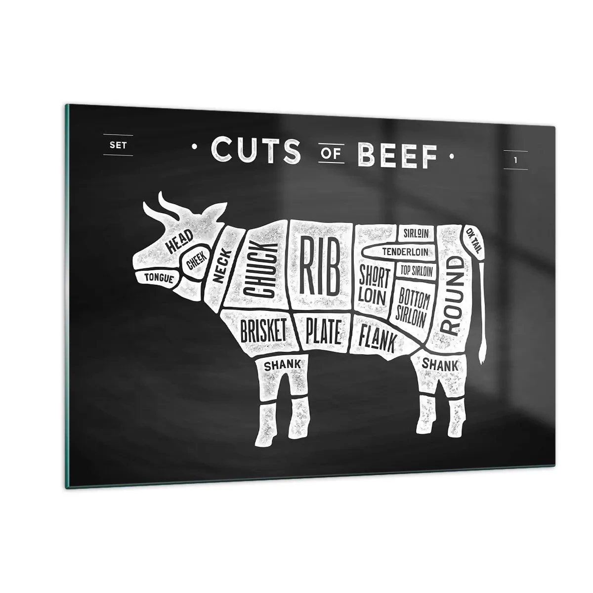 Billede på glas - Slagterens grundbog - 120x80 cm