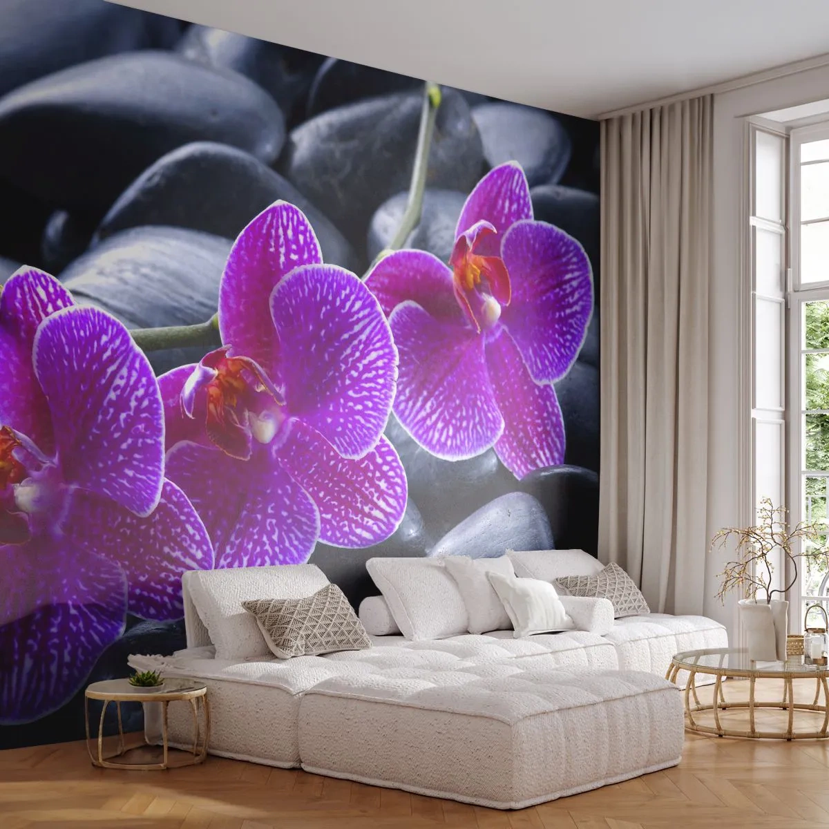 Fototapet Premium Sand - Stenene lyste op af glæde - Blomster, Sten, Orkidé - 100x70 cm