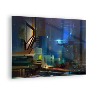 Billede på glas - Futuristisk by om natten med neonlys og et flyvende køretøj - 70x50cm - I den nærmeste fremtid - Moderne vægdekoration til stue og soveværelse ARTTOR