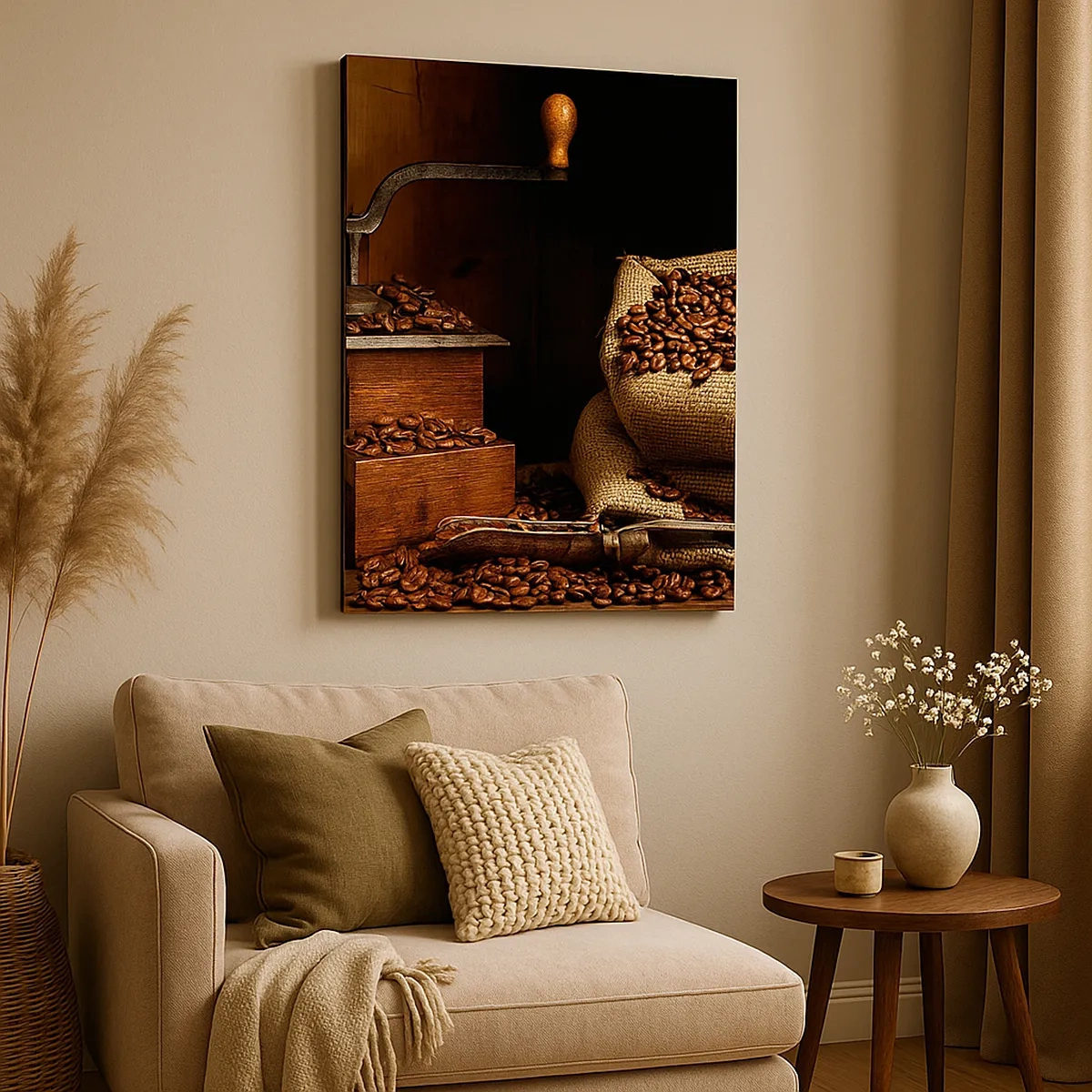 Lærredstryk - Billede på lærred - Stilleben med kaffebønner og kværn - 50x70 cm