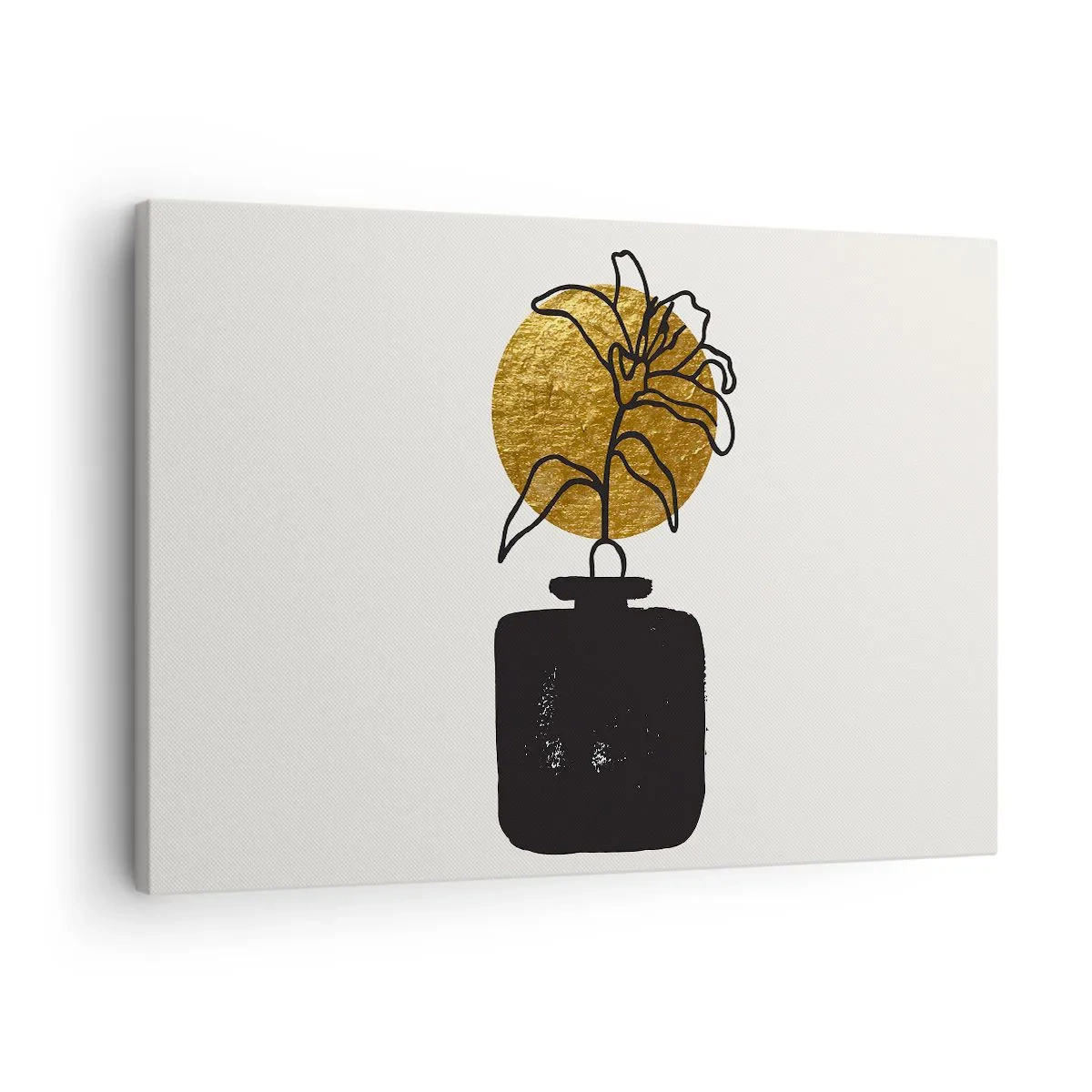 Lærredstryk - Billede på lærred - En tegning af en blomst i en vase mod en gylden cirkelbaggrund - 70x50cm - Skønhed i balance - Moderne vægdekoration til stue og soveværelse ARTTOR