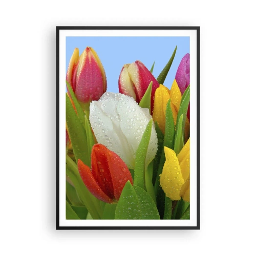 Plakat i sort ramme - En blomstret regnbue i dugdråber - 70x100 cm